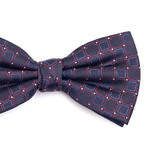 Gravata Borboleta Em Poliéster Azul Marinho Com Desenho Geometrico Azul E Vermelho Com Detalhe Em Branco
