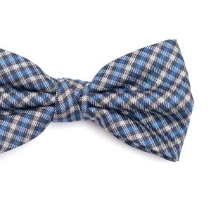 Gravata Borboleta Em Poliéster Xadrez Cinza E Preto Com Detalhes Em Azul E Branco