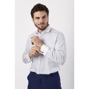 Camisa Fio 70 Punho Duplo Azul com Listras