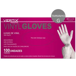 LUVA DE VINIL DESCARTAVEL VERTIX SEM TALCO GRANDE 100UN