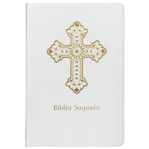 BIBLIA SAGRADA CATOLICA, LETRA GRANDE, CRUZ, COURO SOFT BRANCA, LEITURA PERFEITA