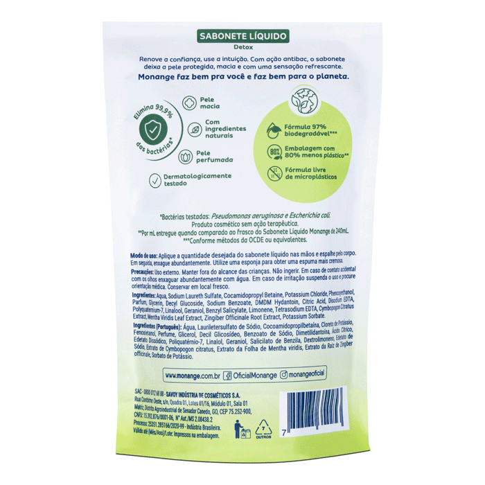 SABONETE LIQUIDO MONANGE DETOX REFIL 400ML