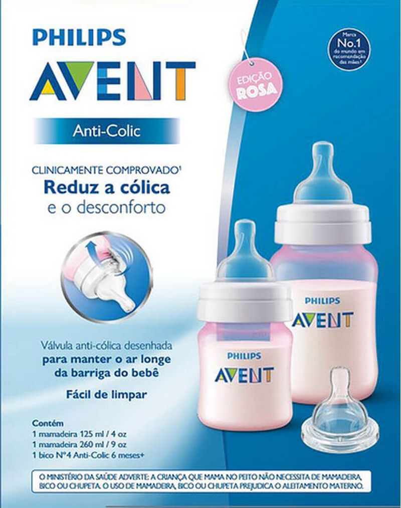KIT MAMADEIRA AVENT ANTI COLICA 125/260ML+BICO N4 ROSA