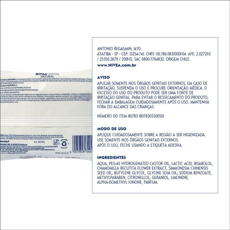 NIVEA INTIMO LENÇOS DE LIMPEZA NATURAL 20UN