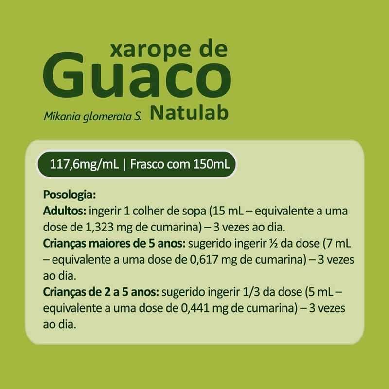 XAROPE DE GUACO 117,6MG/ML NATULAB SEM AÇUCAR 150ML