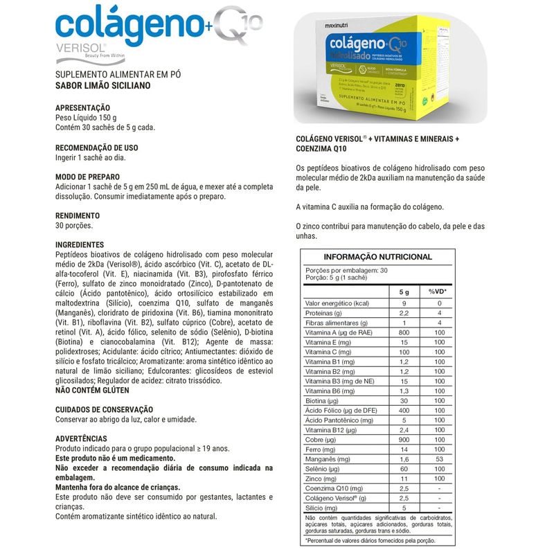 COLAGENO HID VERISOL + Q10 MAXINUTRI LIMÃO SICIL 30SACHES